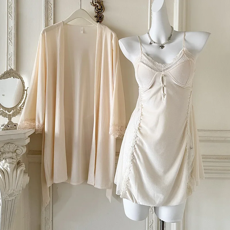 

2025 Backless Lace Trim Homewear Velour Sleepwear 2Pcs Robe Suit Autumn New Sleepwear Lace Trim Lingerie Warm Kimono Bathrobe