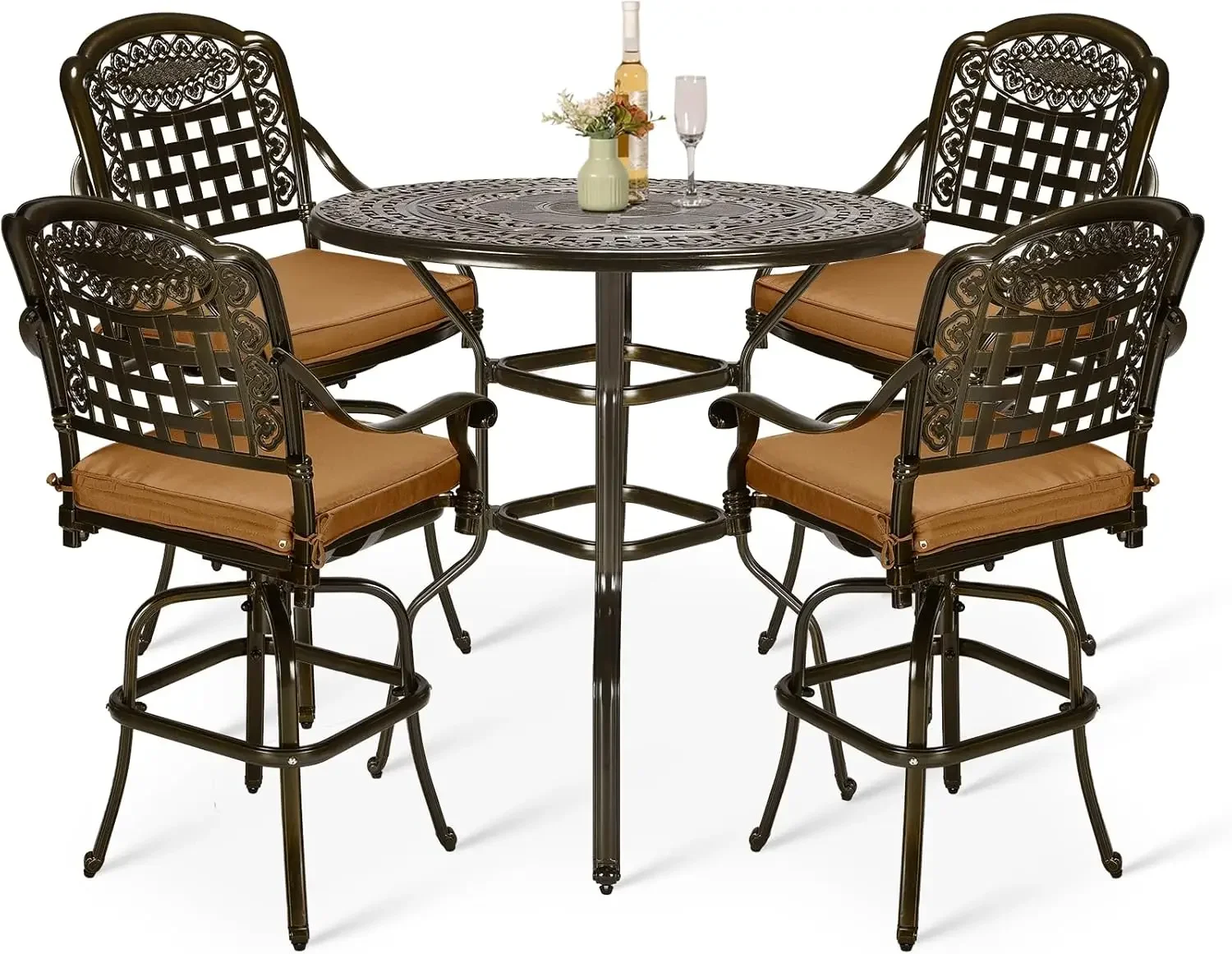 Outdoor Swivel Bar Stools Set, All Weather Cast Aluminum Patio Bar Height Bistro Set with Cushioned Bar Chairs