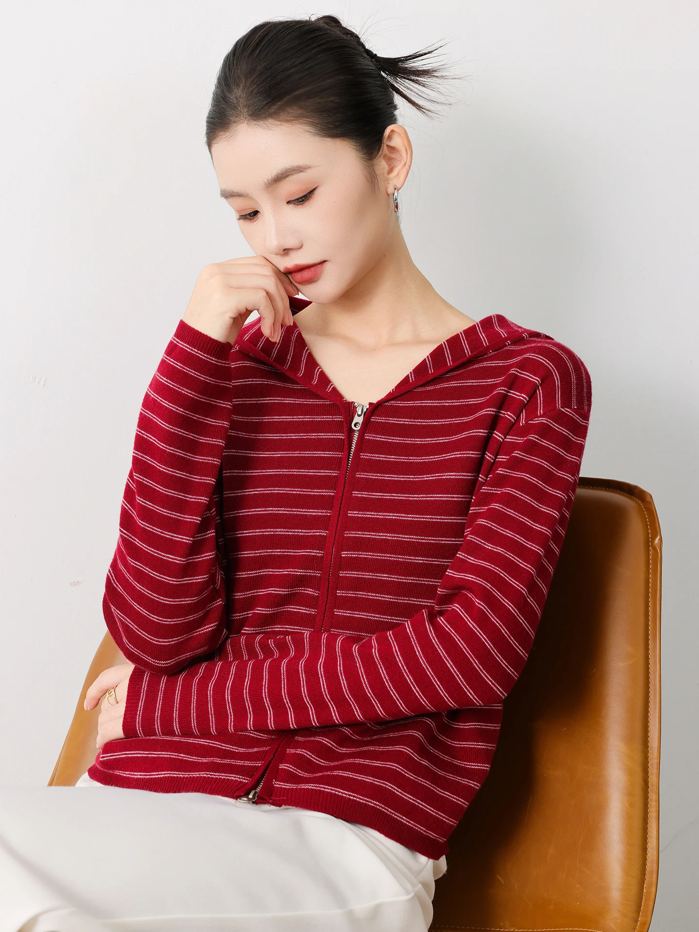 เสื้อสเวตเตอร์ถักมีฮู้ดแบบมีซิปคู่ สไตล์เกาหลี ลายทาง สำหรับผู้หญิง รุ่นสปริง/ออทัมน์