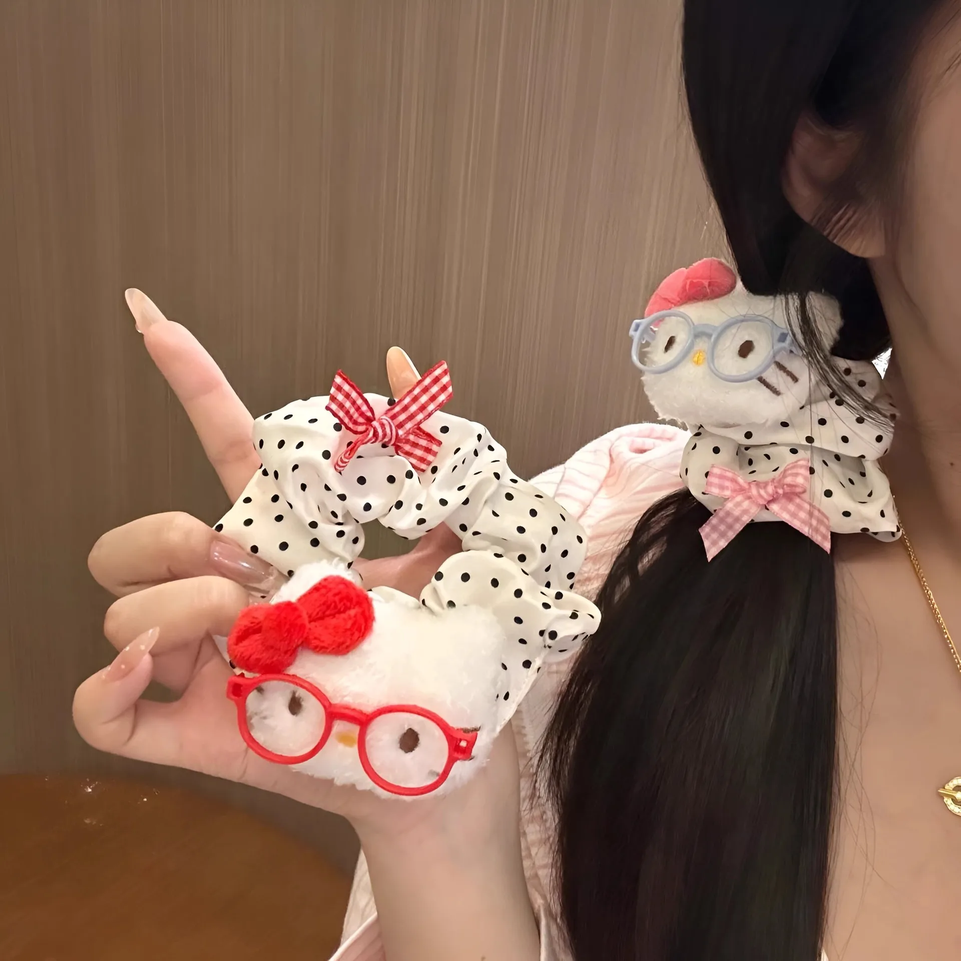 ربطة شعر على شكل قطة كيتي كلاسيكية لطيفة للفتيات، تصميم نظارات من قماش الدنيم منقط، ربطة شعر على شكل ذيل حصان عالية المرونة/سوار، بسيط