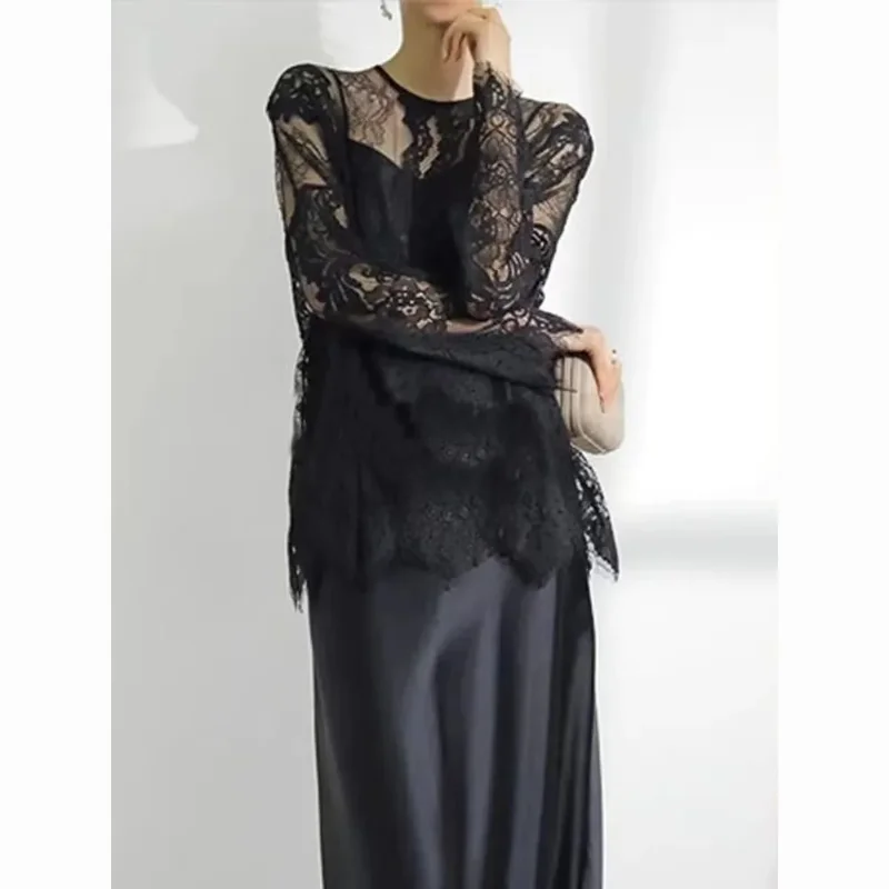 

2025 тонкая темпераментная модная нишевая кружевная рубашка, топы, женская полая футболка с длинными рукавами, сексуальное накидка