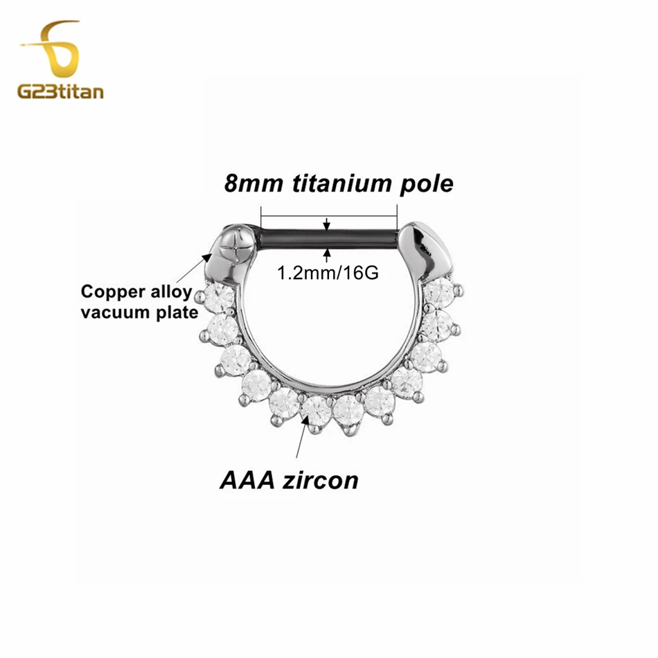 G23titan 16G 8mm Septum Clicker Crystal Zircon Nose Piercing Ring G23 Titanium Bar Silver Color Body Jewelry Gothic Accessories
