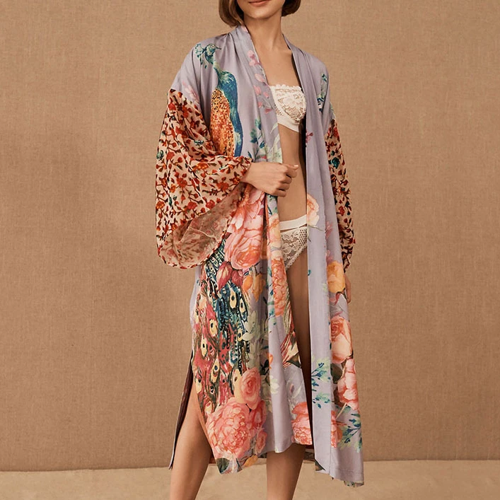 TEELYNN Casual Floral Print Cover-Ups Women Robe Vintage Gown Flare Sleeve Kimono Dress Boho Beach Wear Kaftan Summer Vestidos