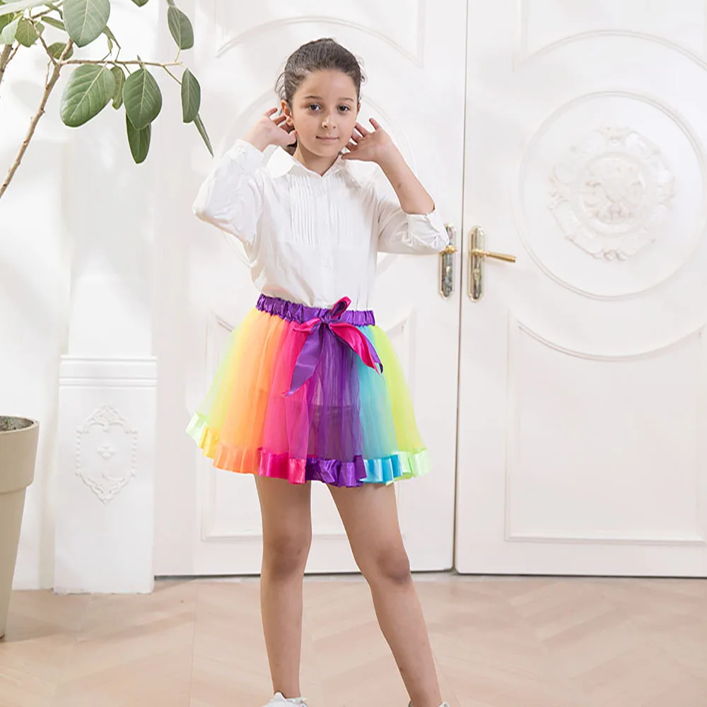 Children\'s rainbow TUTU skirt Girls\' half mesh skirt Polyester rainbow skirt cute sports children\'s wear