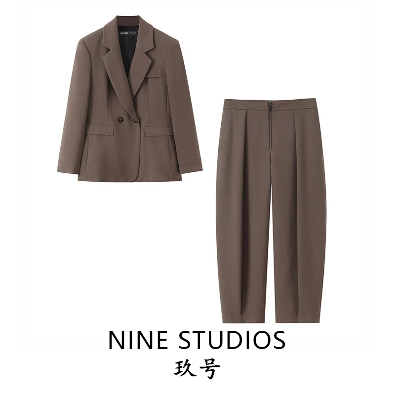 

NINE ZAR Women's Double-Breasted Suit Jaet And Trousers Set European Sle Long Sve Winter Faion Adult Size