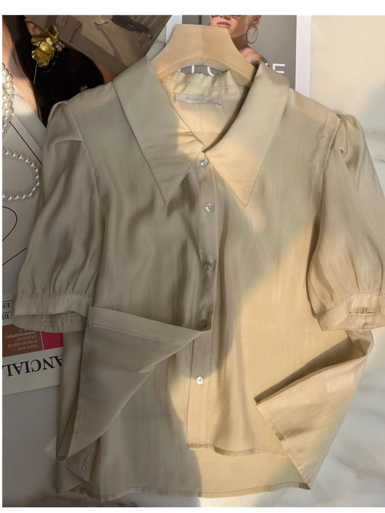 New Summer Girlish Rayon Turn-down Collar Crop Tops Puff Sleeves Simplicity Solid Color Comfortable Prairie Chic Shirts Blouses