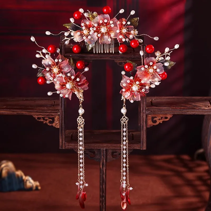 

Red Lacquer Ancient Chinese Costume Hair Accories Pearl Embedded Flowing Tassel Comb Super Fairy T Bifured Hairpin