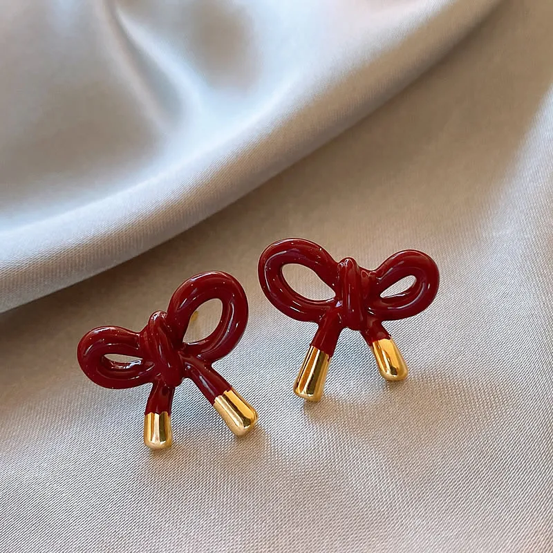 خمر قطرة النفط الأحمر Bowknot وأقراط للنساء الفتيات أزياء لطيف الحلو الأذن ثقب المجوهرات اكسسوارات هدايا