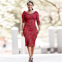 Afripride Africa Ankara Women's Party Dresses V Neck Casual Seven Sleeve Tail Split Dresses 2425040