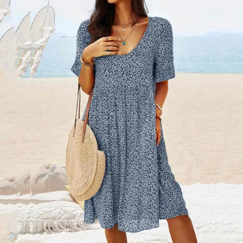 Vestido feminino verão floral bolsos plus size midi casual boêmio impresso manga curta t camisa vestidos para mulher na altura do joelho