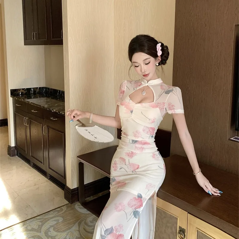 セクシーなヴィンテージ風改良旗袍ドレス、スリット入り、ミドル丈、中国風、中秋・冬の新作、レディースファッションドレス