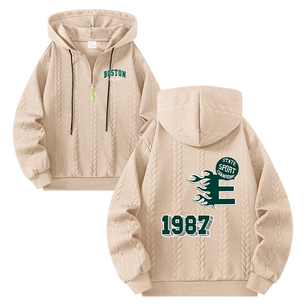 Men's Trendy Number And Word Print Half Zip Hoodie Casual Cable Knit Embossed Pullover Sweatshirt Autumn Fitness And Commute Top