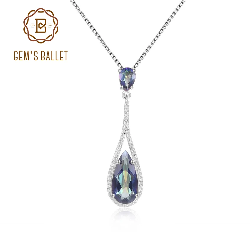 

GEM'S BALLET Round and Pear-Shaped Blueish Mystic Quartz Gemstone Halo Pendant Neckace in 925 Sterling Silver Gift For Her