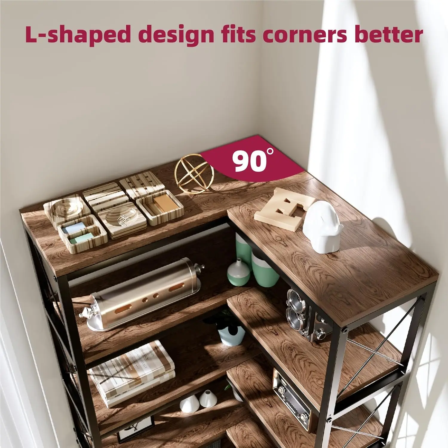 رف كتب زاوية من 7 طبقات مع أضواء LED، رف تخزين عالي الزاوية مقاس 78.7 بوصة لغرفة المعيشة وغرفة الدراسة، ألوان ملتهبة #6