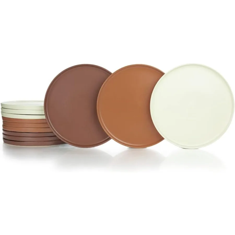 

Modern Flat Dinnerware Collection Brown Beige and Terracotta 12Piece Dinner Plate Set