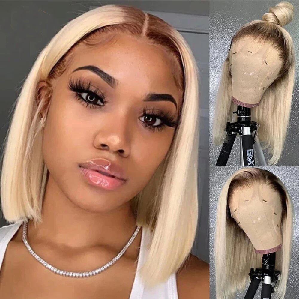 Ombre Blonde Bob 13x4 Lace Front Human Hair Wigs Dark Root #4/613 Honey Blonde Colored Short Bob Lace Frontal Wig Clearance Sale