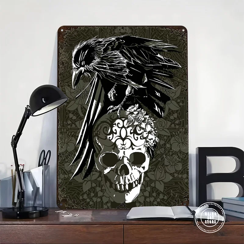 Raven Perched on Skull 3D Printed Texture Poster Personalized Wall Art Retro Metal Tin Signs for Room Decor Men Coffee Bar Home
