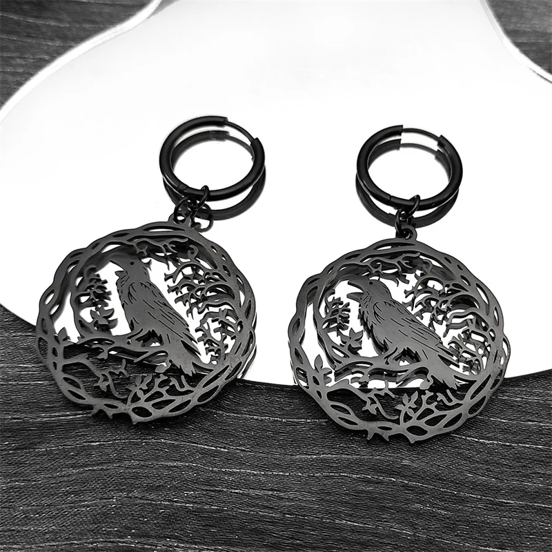 Gothic Black Crow Tree Of Life Bird Dangle Earrings For Women Men Stainless Steel Raven Animal Plant Jewelry Party Gift ZZZ955