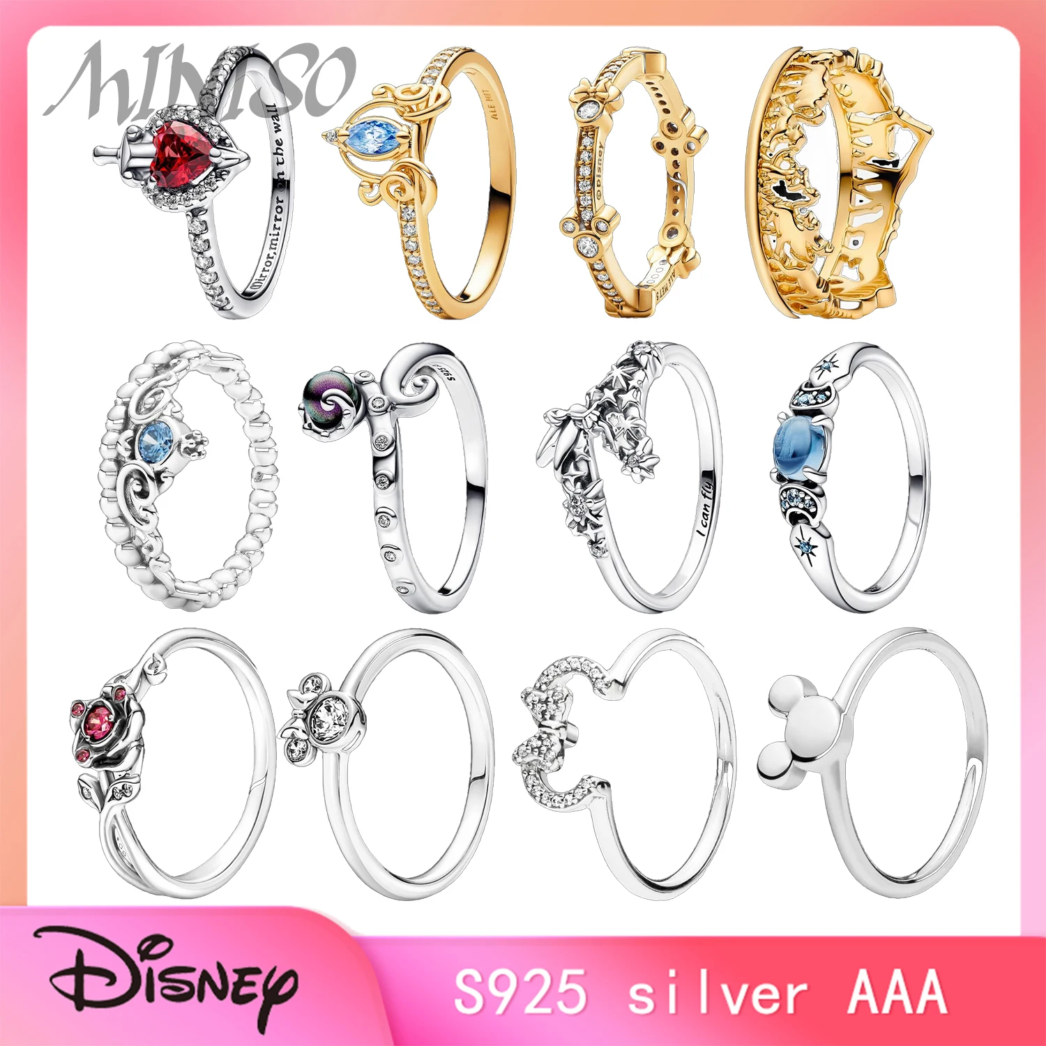 S925 Sterling Silver Panjia Disney Ring 2024 New Disney Villains Evil Queen Ring Gold Carriage Rose Minnie Mouse Mermaid Ring