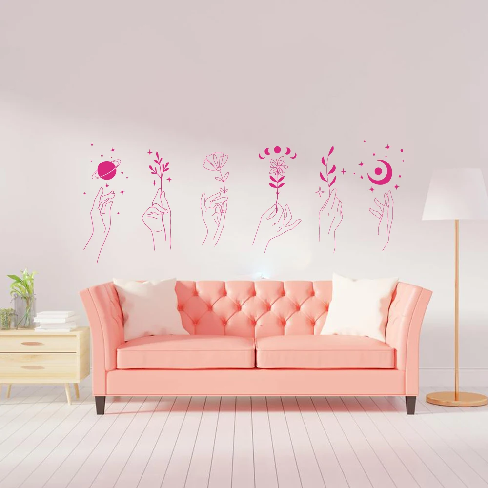 6Pcs Magical Drawing  Hands Flowers Plants Moon Wall Sticker Beauty Salon Spa Makeup Nail Wall Decal Bathroom Vinyl Decor