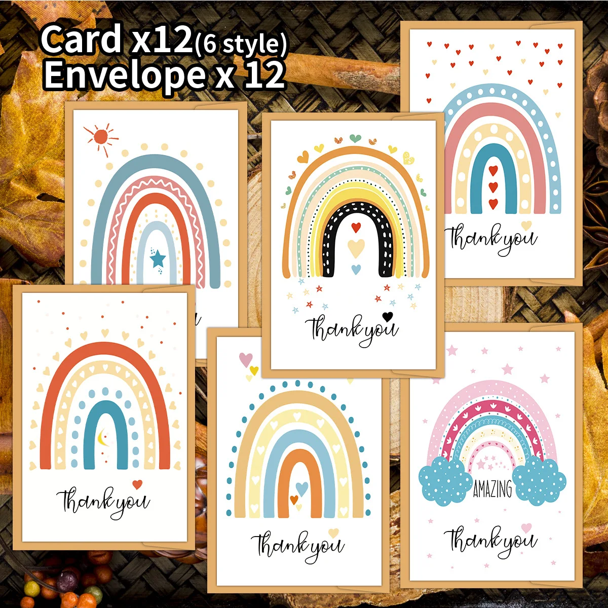 12-teiliges süßes Regenbogen-Herz-Dankeskarten-Set mit Umschlägen, Geburtstagsgrußkarten mit Nachrichten für Einladungen und Geschenke