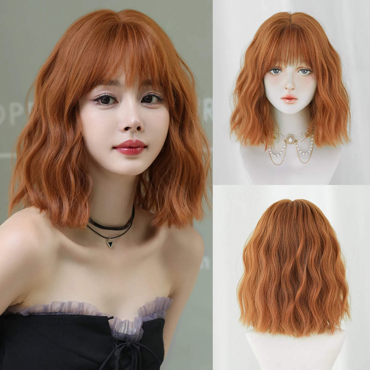 

7JHH WIGS Short Water Wave Orange Wig for Women Synthetic Modest Fashion Wear and Go Ginger Bob Wigs with Neat Bangs