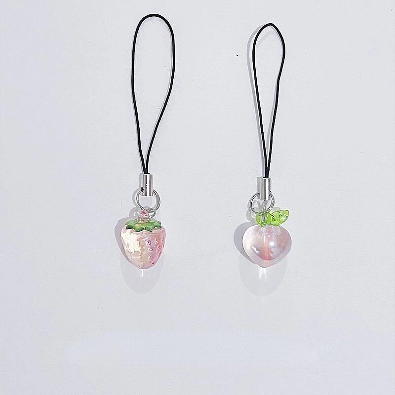 Kawaii 3D Fruit Peach Strawberry Charms Cute Simulation Phone Pendant Women Keychain With Anti Lost Rope Portable Strap Lanyard