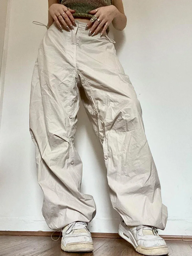 Solid Joggers Tech Pants High Waist Streetwear Fashion Brown Baggy Trousers Y2K Casual Vintage Clothes