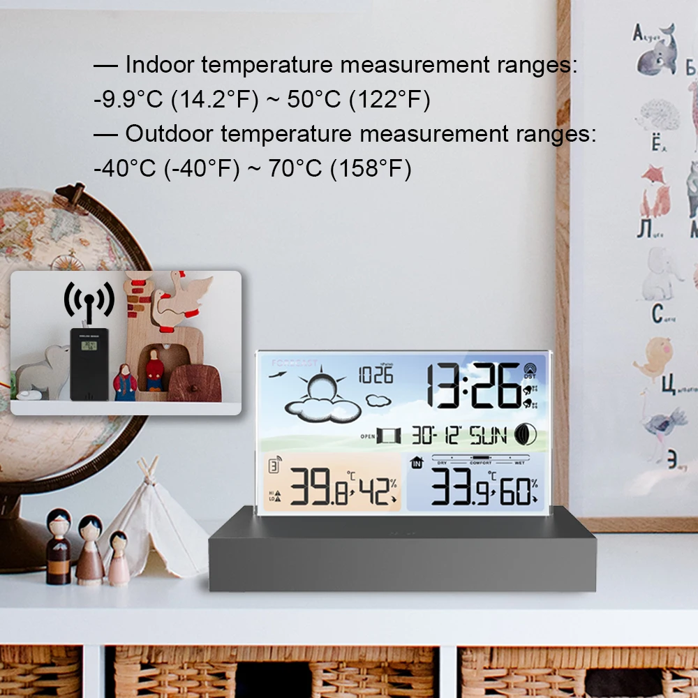 Transparent Glass Weather Clock, Wireless Multifunctional Weather forecast, Electronic Alarm Clock, Outdoor, Hygrometer Sensors