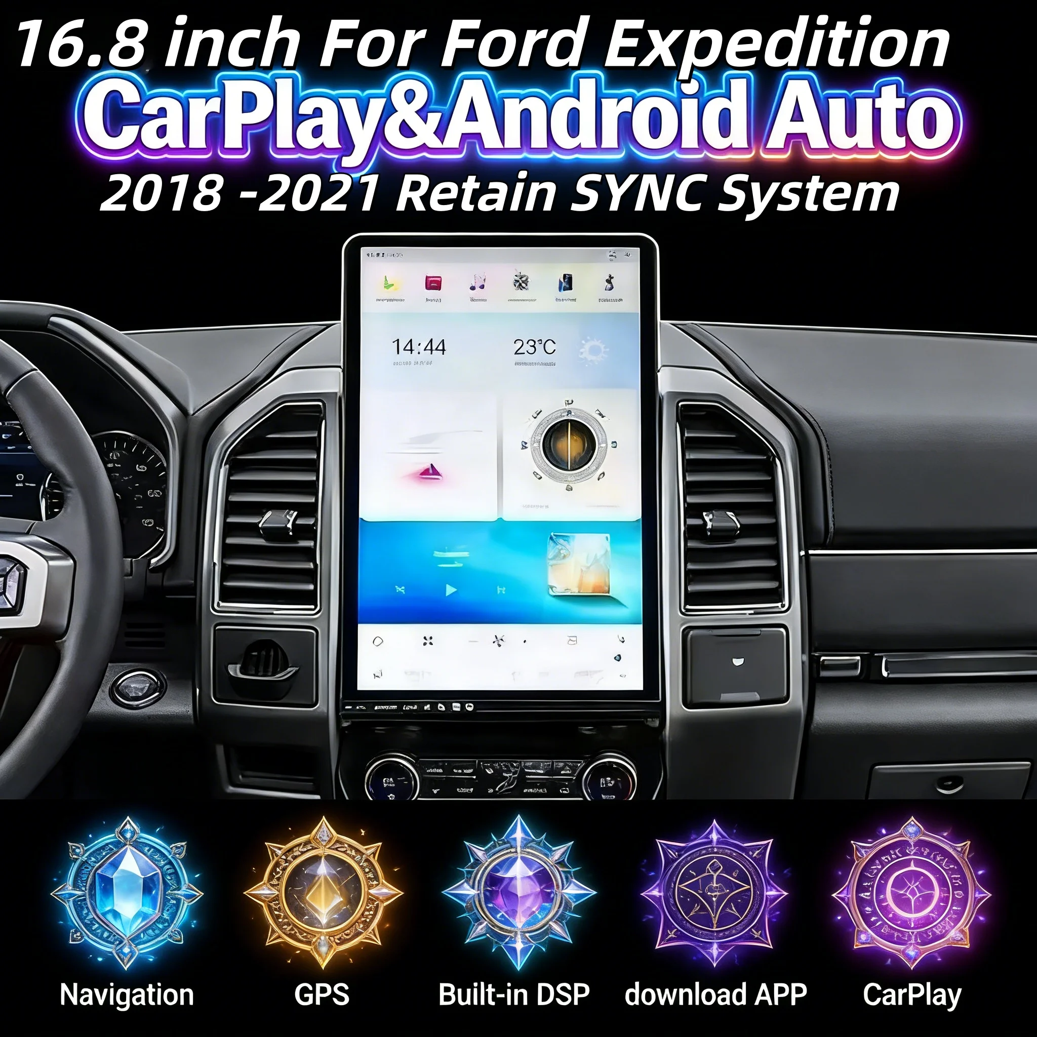 

16,8-дюймовый Retain SYNC Qualcomm Android 13, беспроводной CarPlay для Ford Expedition F150 2018-2021, мультимедийный видеоплеер, GPS Naviga