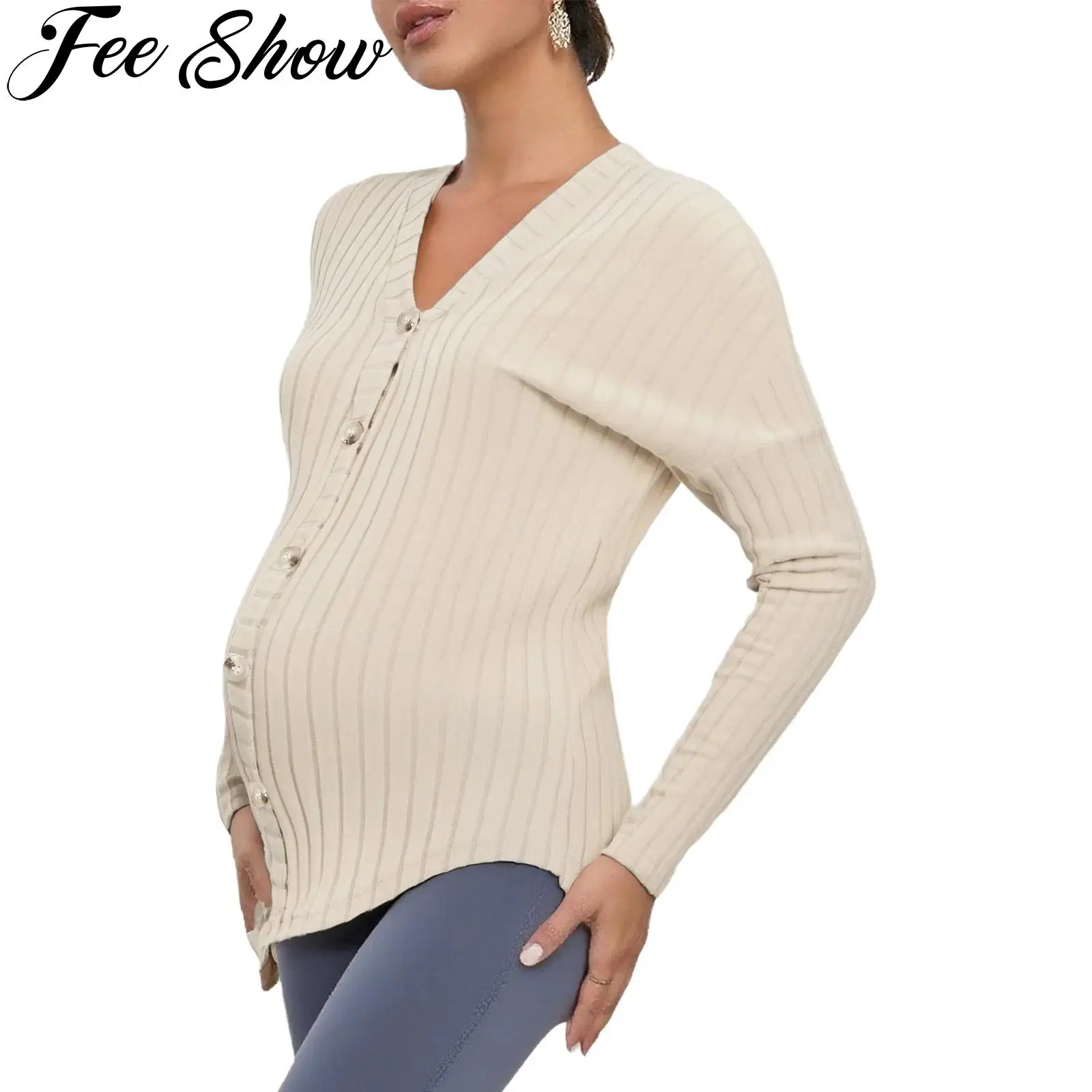 

Women's Maternity Rib Knit Cardigan Tops V-neck Long Sleeve Button Down Shirt Tee Top Pregnancy Clothes Party Work Daily Wear