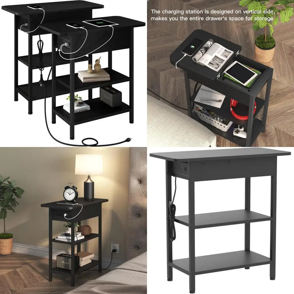 Charging Station End Tables Set of 2, Flip Top Nightstands for Small Spaces, Bedroom Side Tables Set with Charging Port