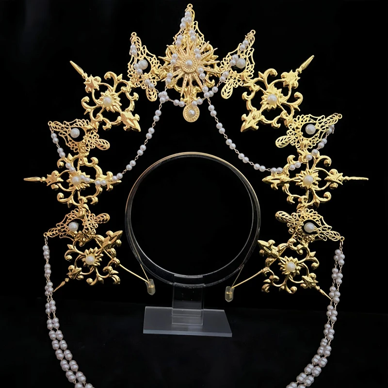 Lolita metal Sun Goddess Crown headwear Virgin Apollo pearl exaggerated halo Pope headwear outfit 2