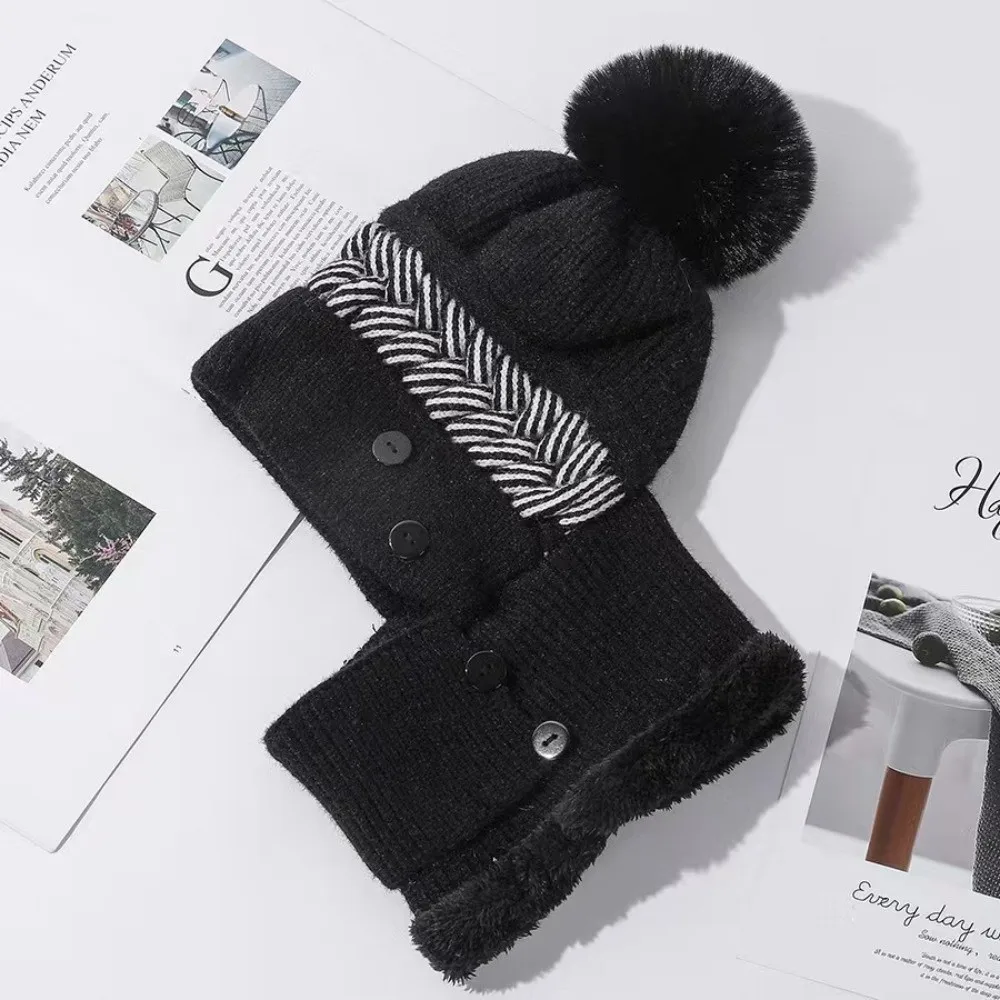 Female Pompoms Winter Hats Plush Fur Lined Keep Warm Winter Hat Women Windproof Coldproof Thicken Balaclava Cap