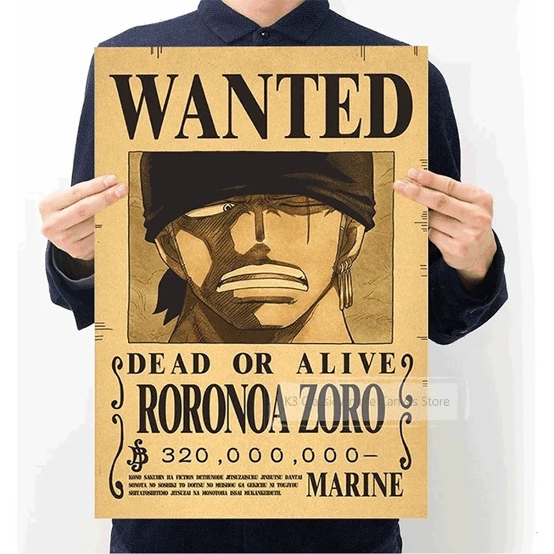 Anime One Piece Luffy 3 mil millones Zoro Bounty WantedPosters cuatro emperadores figuras de acción para niños decoración de pared Vintage póster Juguetes
