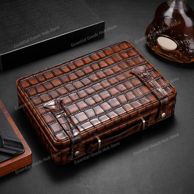 Portable Leather Cigar Case with Handle, Durable Exterior, Cedar Wood Lining for Aging, Vintage Luxury Style