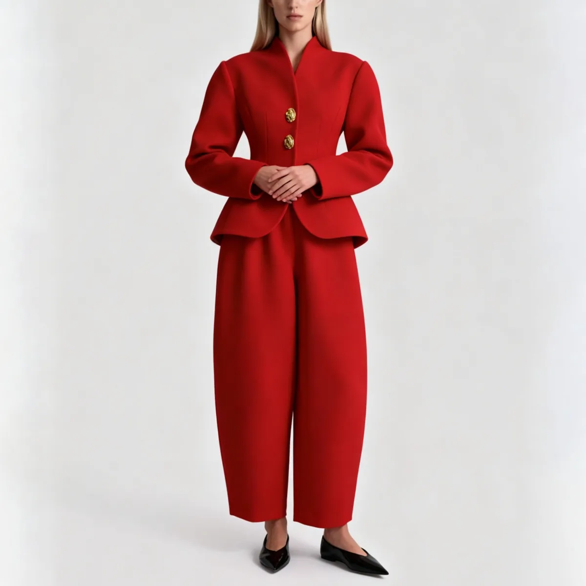 Laru 2026 New Women Two Piece Set V Neck Peplum Blazer with Barrel Leg Pants Gold Button Slim Fit Elegant Business Office Outfit