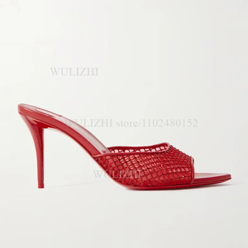 جلد أسود كعب مفتوح فضي كريستال شبكة النعال النساء خنجر Slingback الصنادل البيضاء فتاة حذاء كاجوال للحفلات خرز لامع