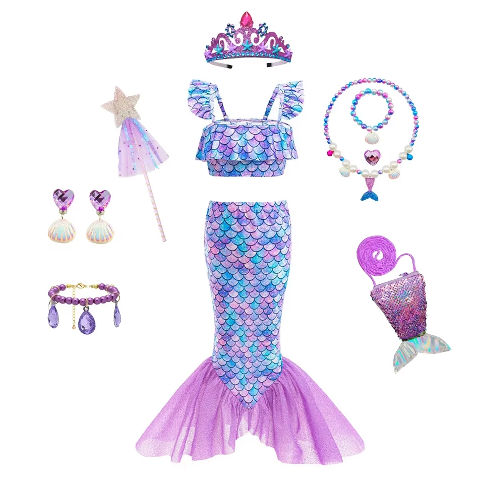 

Купальник принцессы-русалки для девочек, летние каникулы, пляжный солнцезащитный быстросохнущий купальник, детский купальник с принтом рыбьей чешуи, юбка с рыбьим хвостом