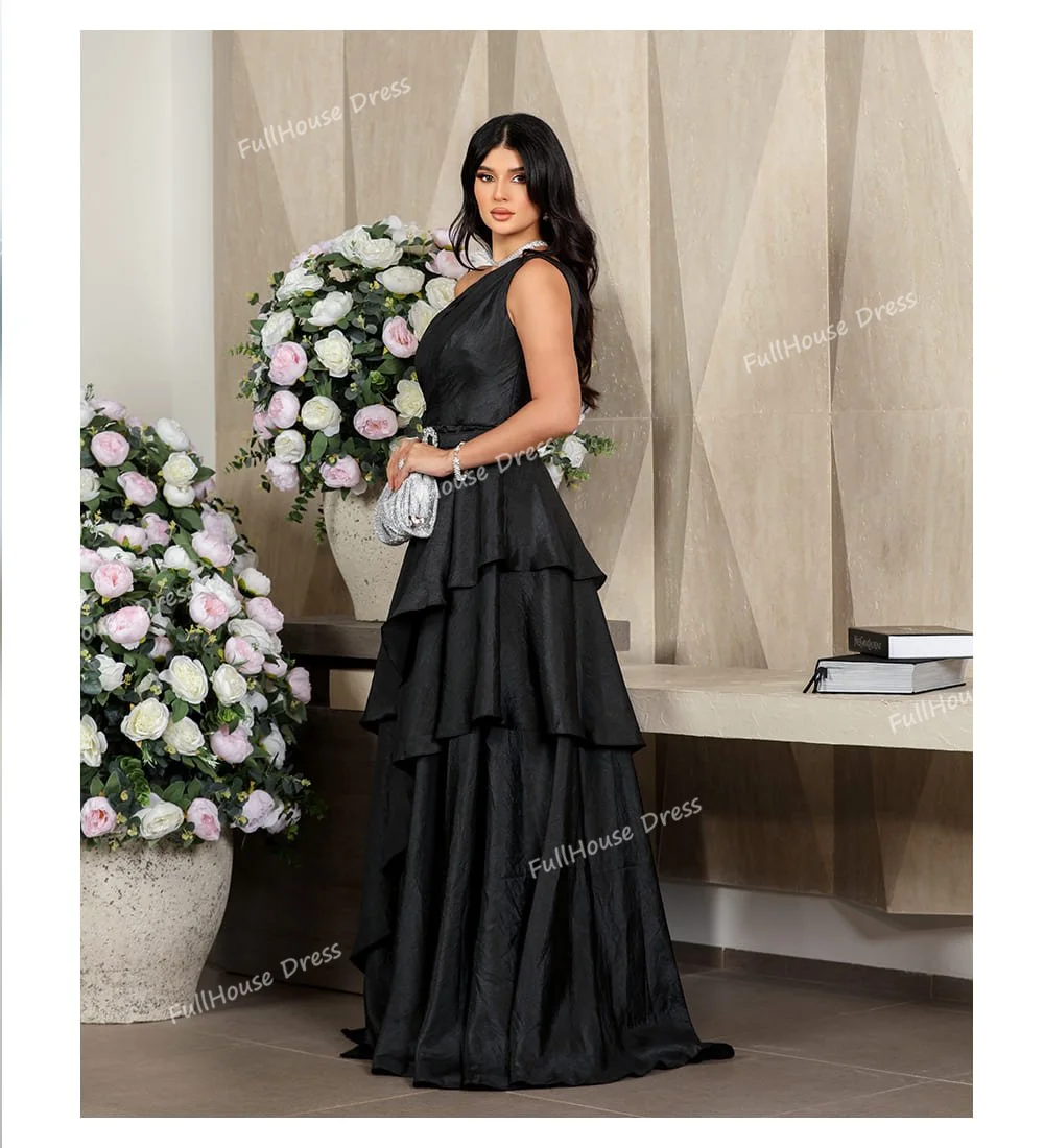 Gaun Malam Pesta Model A-line Berlipit Satu Bahu Klasik Buatan Khusus dengan Rumbai Panjang, Punggung Terbuka, dan Sabuk vestidos