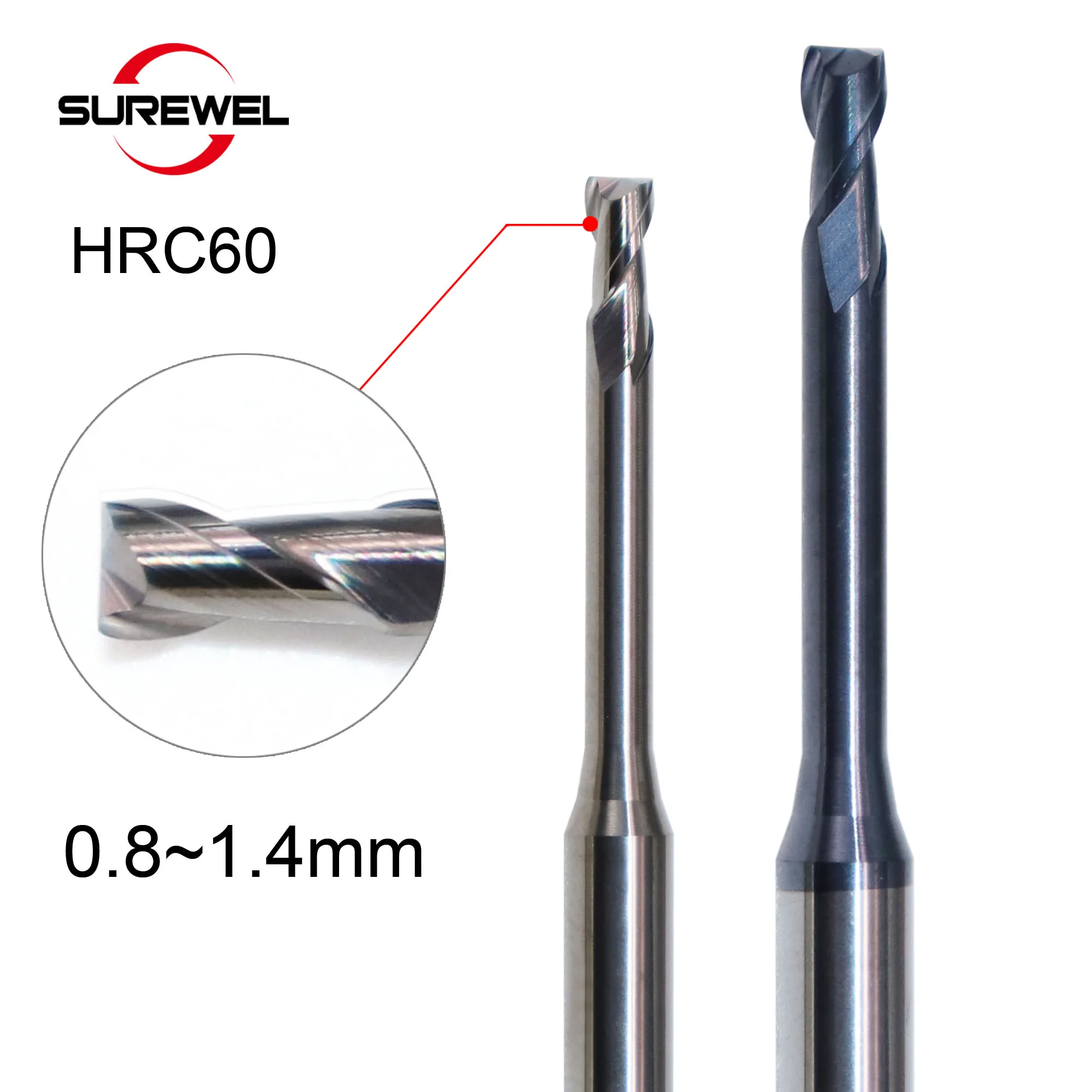 SUREWEL HRC60 Solid Carbide Cutter Long Neck Micro End Mill 0.8mm~1.4mm for Aluminum Alloy Copper Stainless Steel CNC Machining