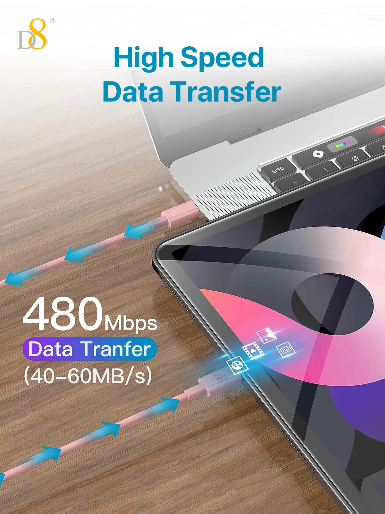 كابل D8 60W USB-C إلى USB-C، مادة TPE ناعمة، بطول 3.3 قدم و0.8 قدم مع سلسلة مفاتيح، مناسب لهاتف iPhone16/16Pro/16Pro Ma