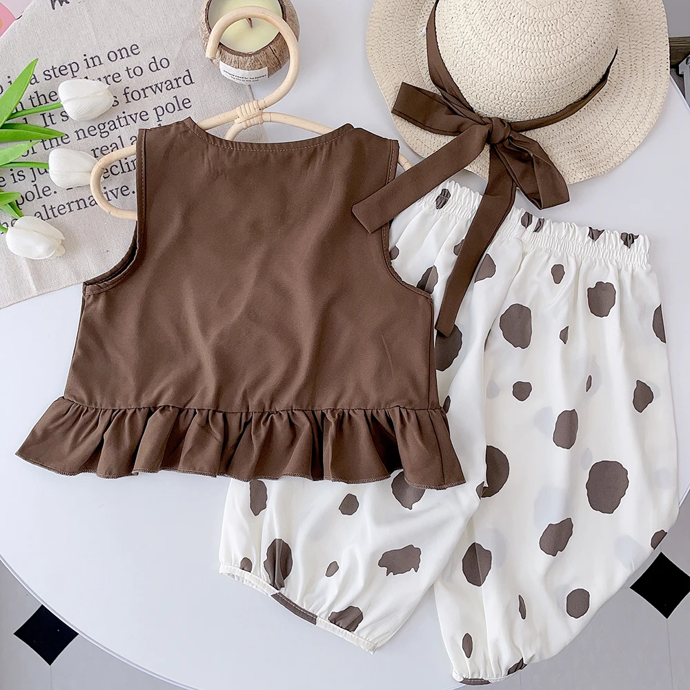 Bear Leader Girls\' Set 2023 New Summer Solid Ruffled Top+Polka Dot Pants Set Fashion Baby Set Girl Baby Casual Sleeveless Set