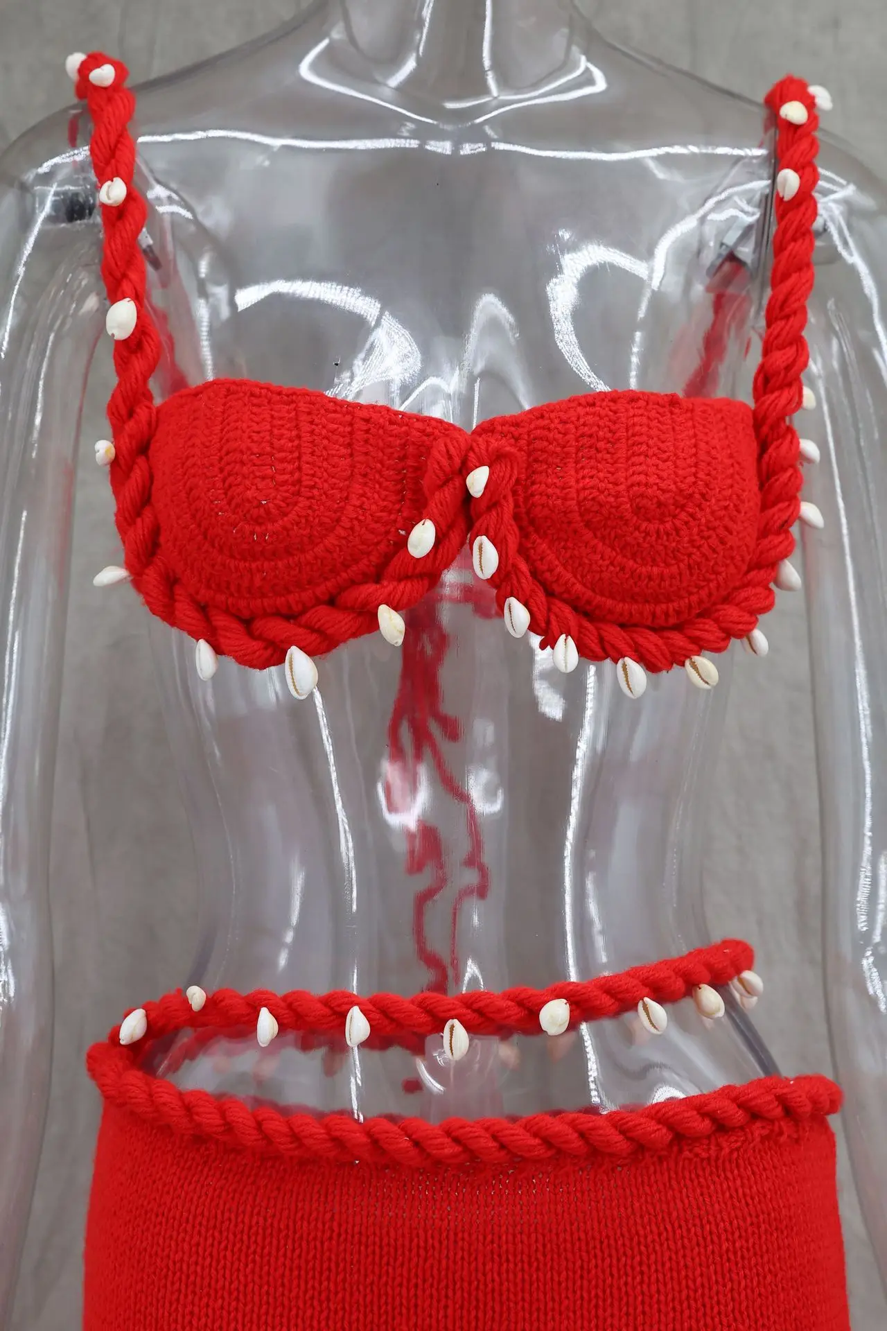 2025 novo verão malha borda biquíni terno feminino sexy sutiã superior mini saia halter sem mangas strass maiô conjunto roupa de férias