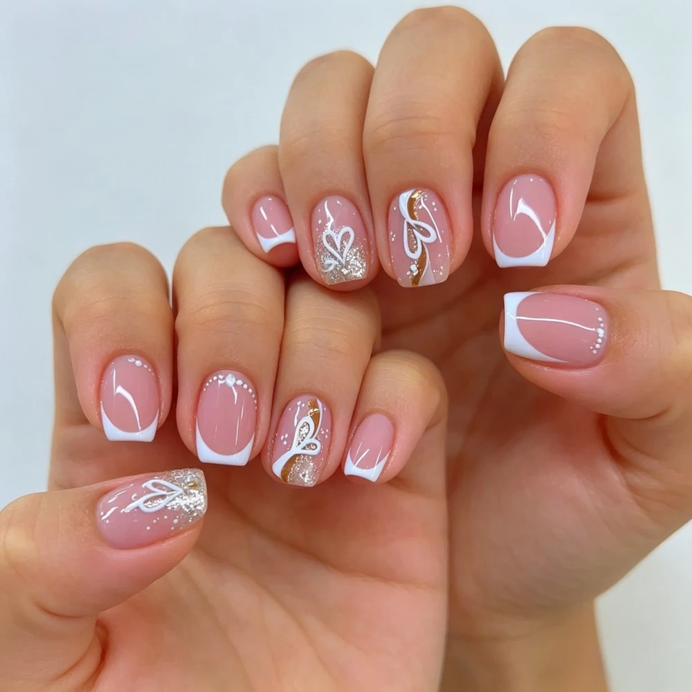 24pcs Short Square French White Heart Glitter Design Full Cover Reusable False Nail Tips For Manicure Nude Pink Press On Nails image 2