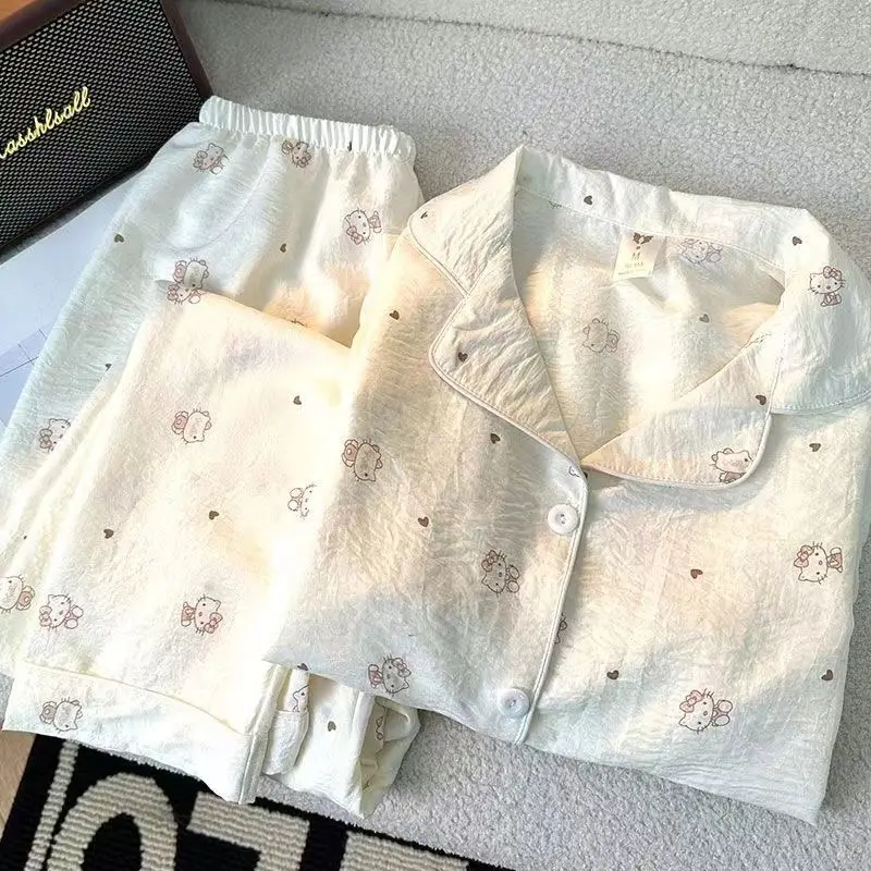 

Sanrio Hello Kitty женские хлопковые пижамные комплекты Cuteore с героями мультфильмов, весенне-осенняя одежда для сна, брюки с длинными рукавами, ночные рубашки, домашняя одежда