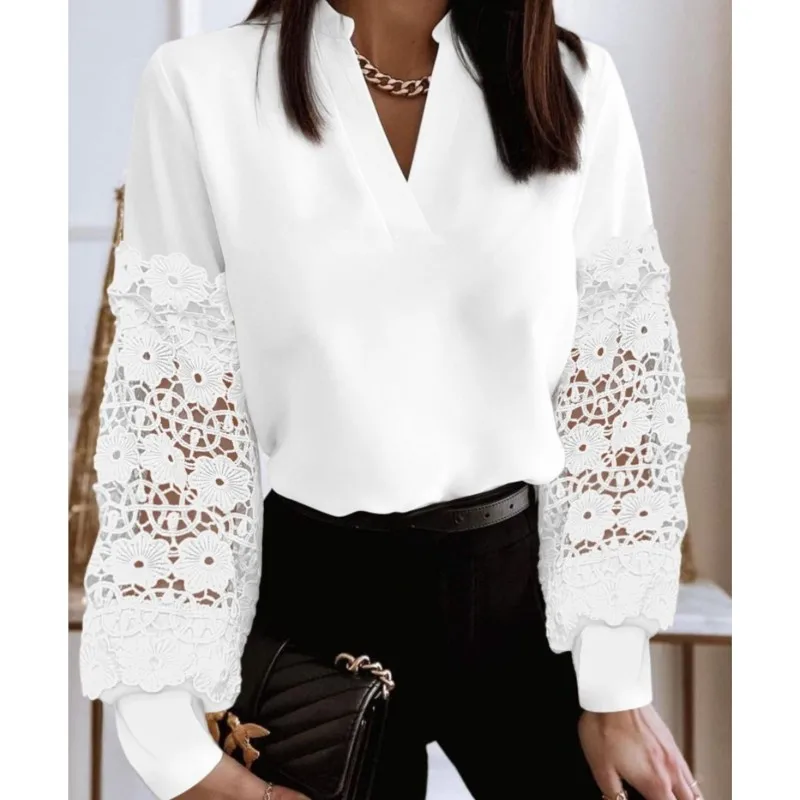 Elegant Blouses For Women Fashion Lace Long Sleeve V-neck Shirt Spring Autumn Casual Office Tops Black Women\'s Clothing 2024