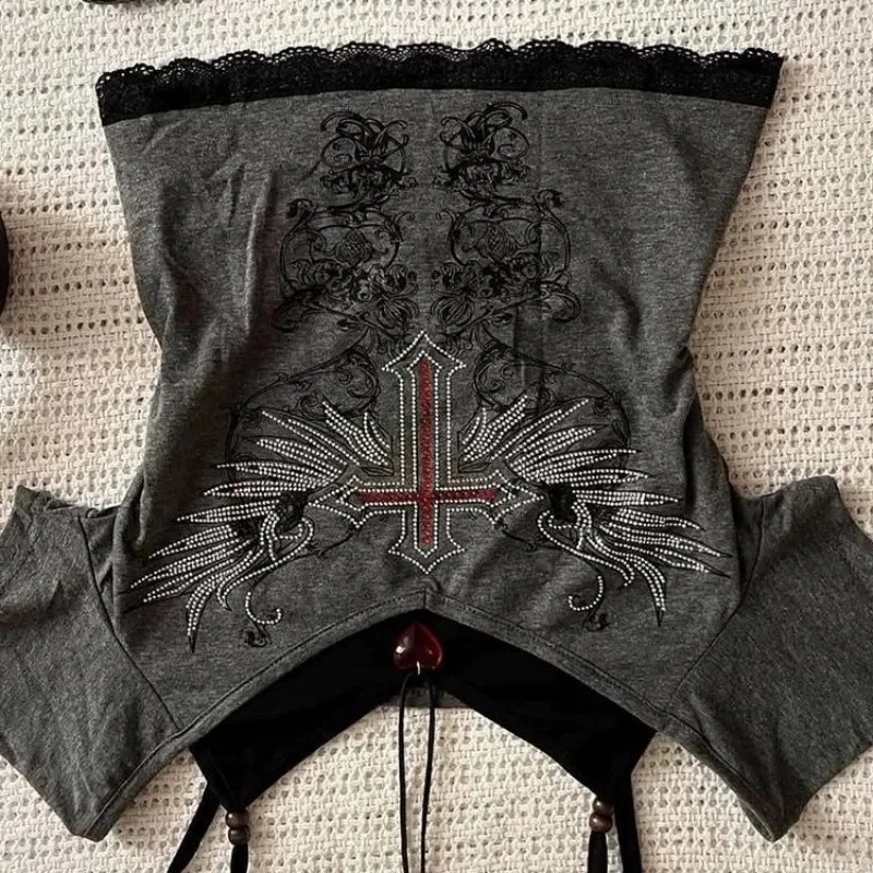 

Tops T-shirts Women's Summer Vintage Short Sleeves Y2K Cross Motif Printed Designer Aesthetic Faux Two-piece Fashionable Niche