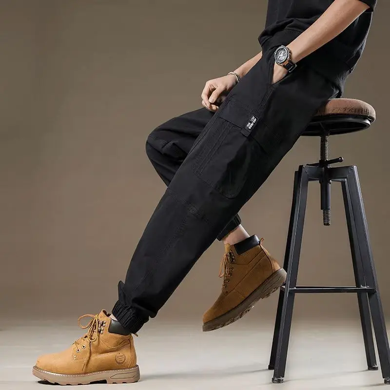 American Style Vintage Solid Elastic Waist Cargo Pants Men Spring Autumn Loose Straight Chic Casual All-match Cropped Trousers