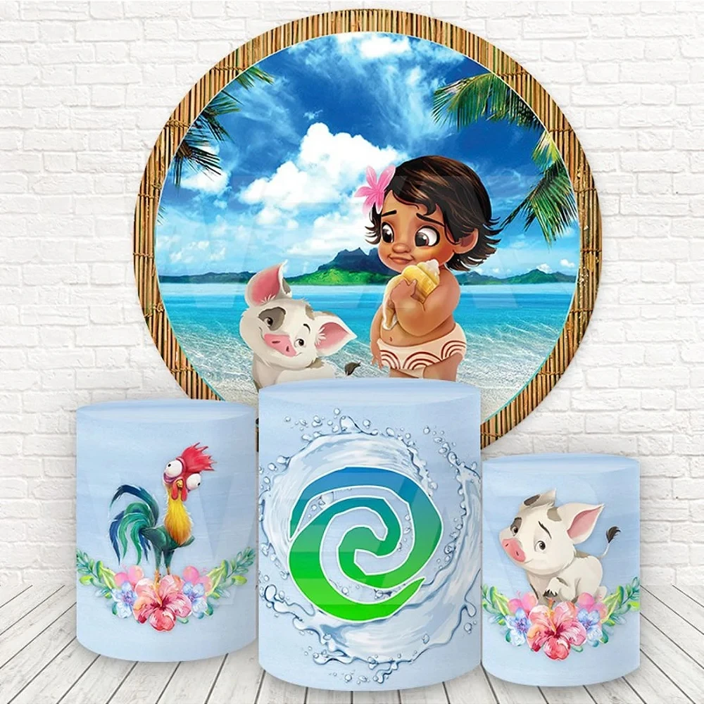 Princess Baby Moana Round Backdrop Cover for Kids Baby Shower Cartoon Waialiki Maui Event Banner Circle Background Plinth Covers